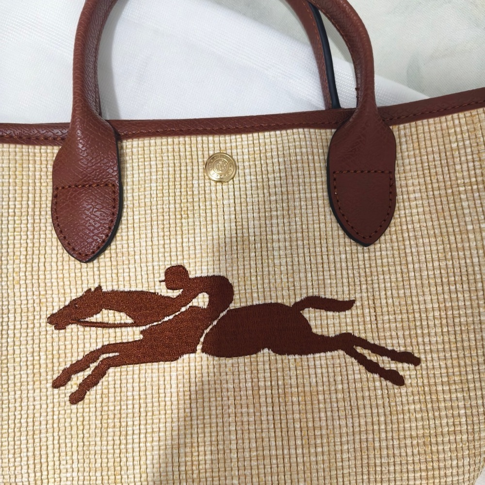 Longchamp Cream Woven Tote with Brown Leather Trim and Horse Motif - Picture 10 of 13
